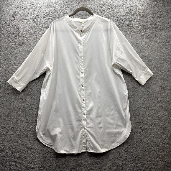 Eileen Fisher XL Cotton Spandex Crisp White Shirt Button Up 3/4 Sleeves Casual - Picture 1 of 8
